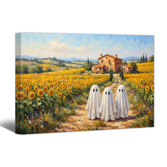 Cute Halloween Ghost Canvas Wall Art, Spooky Green Rural Landscape Prints Abstract Three ghosts Natural Artwork Oil Painting for Farmhouse Bedroom Living Room Cottage Wall Decor
