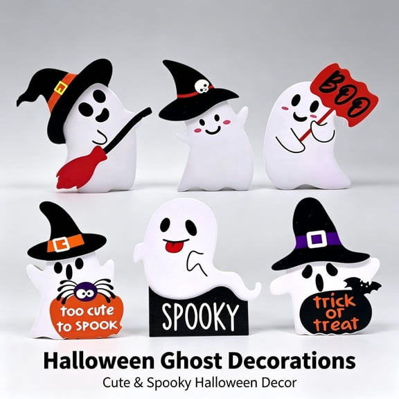 Cute Halloween Ghost Decor – White Ghost Ornaments 6 Pack, Spooky Tiered Tray Decor for Home, Ghost Holding Pumpkin Basket Desk Display, Halloween Table Decorations Indoor