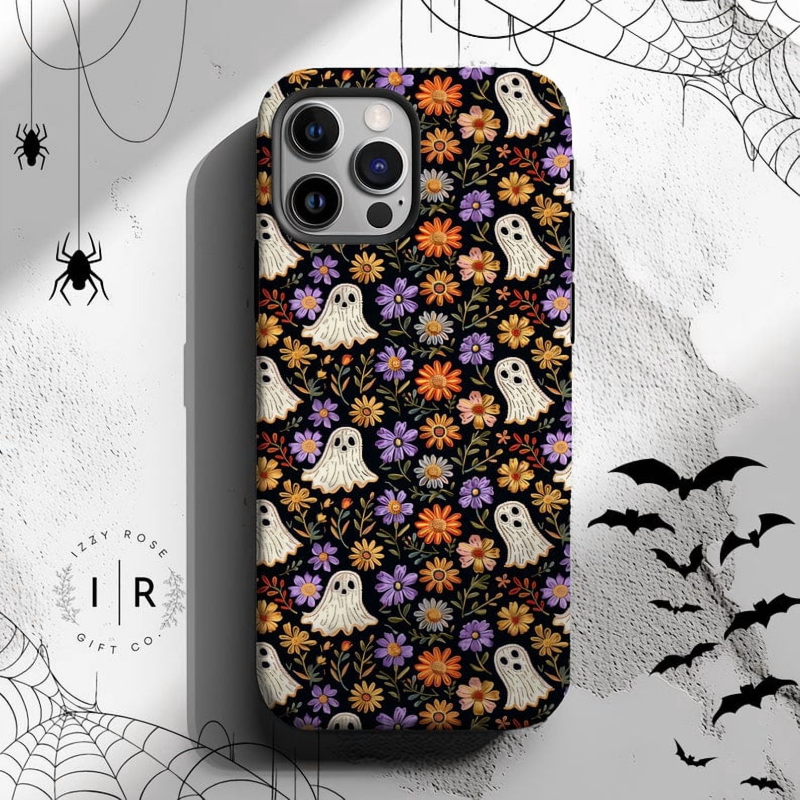 Cute Halloween Ghost Embroidered Floral Phone Case for iPhone 11-17 Pro ...