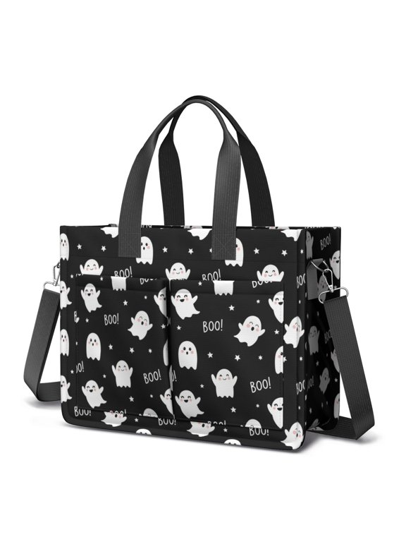 Cute Halloween Ghost Pattern Canvas Messenger Tote Bag, Laptop Shoulder Bag with Multi Pockets & Removable Strap, Large Capacity Gifts for Birthday Christmas Thanksgiving