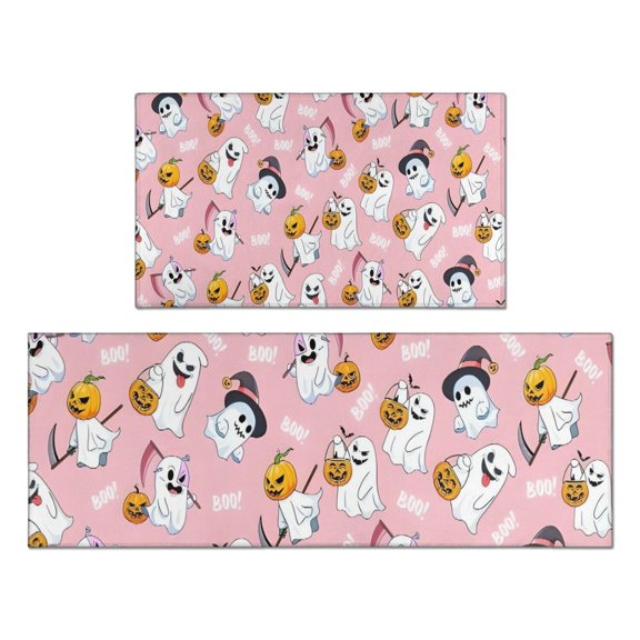 Cute Halloween Ghost Pattern Kitchen Rugs Sets Of 2,Anti Fatigue Kitchen Mat Rugs Non Slip Washable,Decorative Kitchen Floor Mats for Kitchen,Sink,Laundry,17"x30"+17"x47"