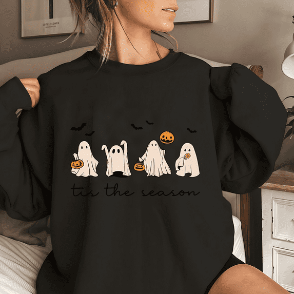 Cute Halloween Ghost Print Tops Spooky Season Sweatshirts Long Sleeve Casual Pullover Cotton Shirts for Daily Outfits Black,L