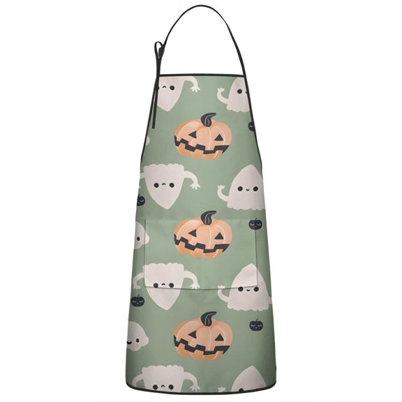Cute Halloween Ghost Pumpkin Pattern Apron-Garden Aprons for Women with Pockets-Cotton Linen Waterproof Kitchen Cooking Gardening Aprons Adjustable for Kitchen,Cooking,BBQ and Salon 33"x27"