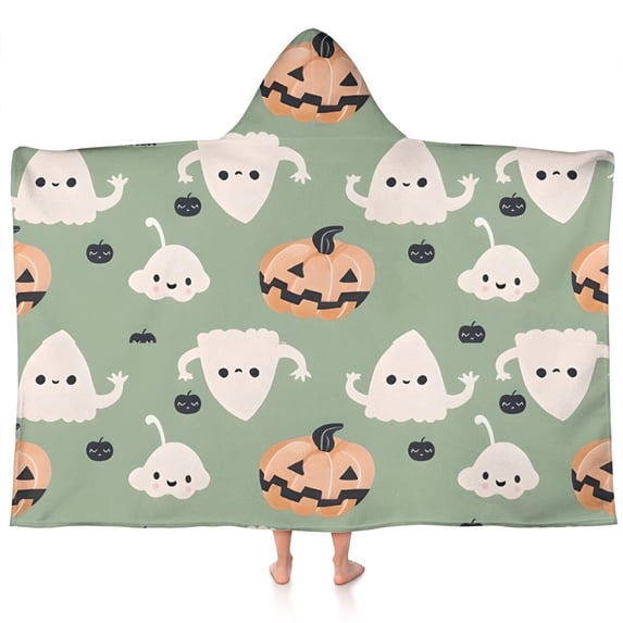 Cute Halloween Ghost Pumpkin Pattern Hooded Bath Towel,60"x35" for Ages 3 To 12 Kids, Quick Dry Lightweight Soft Microfiber Hood Beach Towel Cover Up for Kids