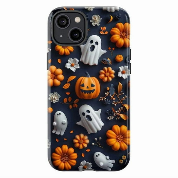 Cute Halloween Ghost & Pumpkin Phone Case, Spooky Floral Autumn Aesthetic, Orange & Navy Fall iPhone Cover for iPhone 16/15/14/13/12/11