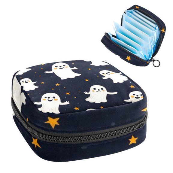 Cute Halloween Ghost Seamless Pattern Sanitary Napkin Storage Bag, Zipper Menstrual Cup Pouch Feminine Menstruation First Period Pads Holder for Girls Women Ladies