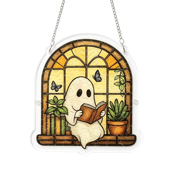 Cute Halloween Ghost Suncatcher, 7.68" Acrylic Stained Glass Style Window Hanging Ornament, Ghost with Black Cat Boo Decor, Fall Home Garden Wall Art, Gifts for Mom, Plant Lovers & Women