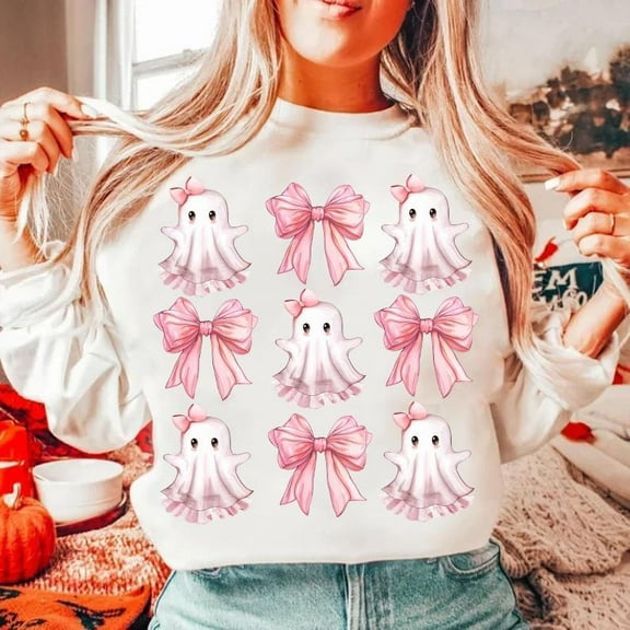 Cute Halloween Ghost Sweatshirt, Spooky Season Shirt with Pink Coquette Bow, Girly Fall SWEAT Sweatshirt, Fun and Trendy Halloween Graphic Top BO120774