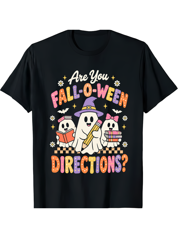 Cute Halloween Ghost Teacher Fall-O-Ween Directions Retro Back to School Graphic Short Sleeve Crewneck Cotton Unisex T Shirt