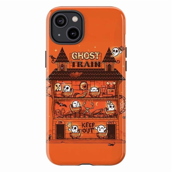Cute Halloween Ghost Train Phone Case, Spooky Cartoon Ghosts on Orange Background Protective Cover for iPhone 16 15 14 13 12 11 Pro Max Mini