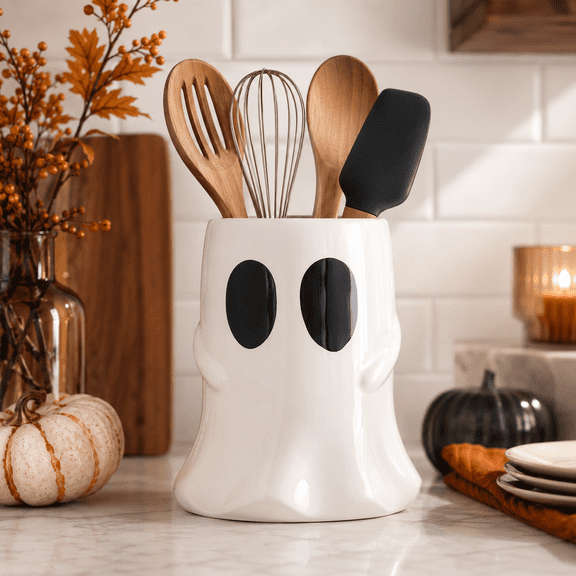 Cute Halloween Ghost Utensil Holder, 6.3 Inch Ceramic Kitchen Crock, White Ghost Countertop Organizer for Cooking Tools, Candy, Party Table and Halloween Home Decor