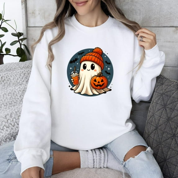 Cute Halloween Ghost With Coffee And Pumpkin Style Sweatshirt, up to size 5XL