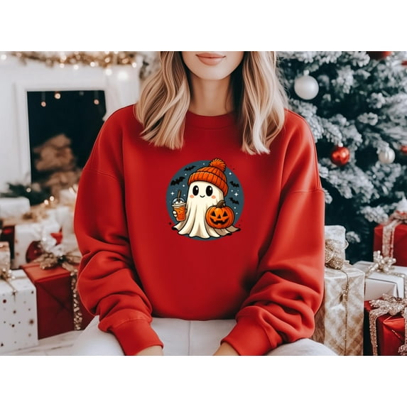Cute Halloween Ghost With Coffee And Pumpkin Style Sweatshirt, up to size 5XL