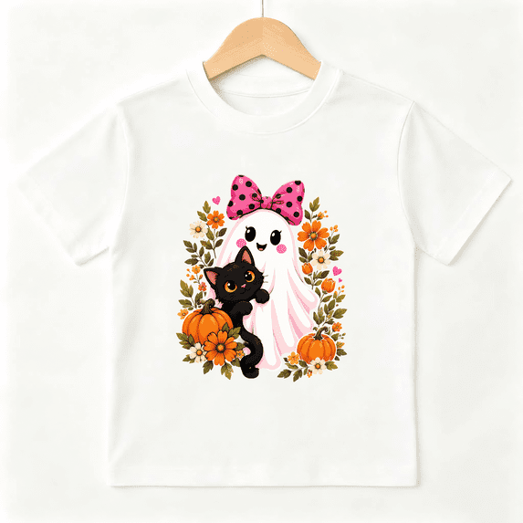 Cute Halloween Ghost and Black Cat with Pumpkins and Flowers Graphic Short Sleeve Crewneck Cotton Kids T-Shirt