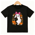 thumbnail image 1 of Cute Halloween Ghost and Black Cat with Pumpkins and Flowers Graphic Short Sleeve Crewneck Cotton Kids T-Shirt, 1 of 4