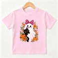 thumbnail image 1 of Cute Halloween Ghost and Black Cat with Pumpkins and Flowers Graphic Short Sleeve Crewneck Cotton Kids T-Shirt, 1 of 4
