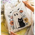 thumbnail image 1 of Cute Halloween Ghost and Cat Shirt, Retro Spooky Floral Tee, Funny Halloween Shirt, Black Cat Shirt, Trendy Fall Halloween Graphic Shirt, 1 of 5