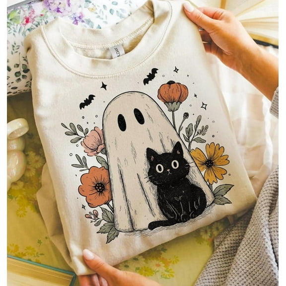 Cute Halloween Ghost and Cat Shirt, Retro Spooky Floral Tee, Funny Halloween Shirt, Black Cat Shirt, Trendy Fall Halloween Graphic Shirt