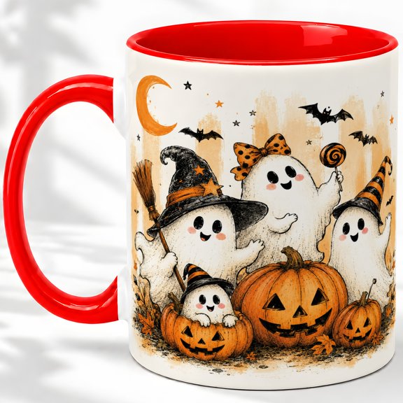 Cute Halloween Ghosts 11oz Ceramic Mug, Witch Pumpkin Artwork Ceramic mug with playful ghosts, witch hats, jack-o-lanterns, bats, and autumn leaves for seasonal drinks
