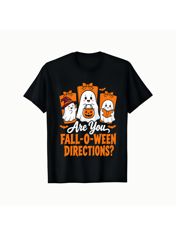 Cute Halloween Ghosts Fall-O-Ween Directions Graphic Short Sleeve Crewneck Cotton Unisex T Shirt