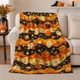 thumbnail image 1 of Cute Halloween Ghosts and Pumpkins in Wavy Stripes, Cheerful Holiday Motif for Halloween Lovers, Halloween Gift, Cozy Flannel Blanket for Playroom and Family Room, Festive Home Decor, 1 of 9