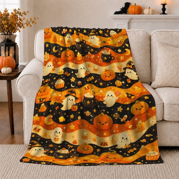 Cute Halloween Ghosts and Pumpkins in Wavy Stripes, Cheerful Holiday Motif for Halloween Lovers, Halloween Gift, Cozy Flannel Blanket for Playroom and Family Room, Festive Home Decor