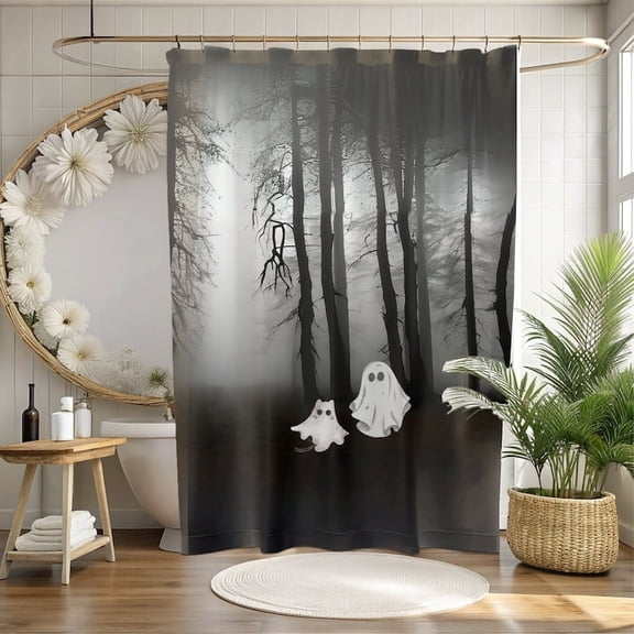 Cute Halloween Ghosts Shower Curtain, Dark Cottagecore Halloween Ghost Elegant Bath Decor Shower Curtain, Maximalist Aesthetic Shower Curtain, Halloween Decor