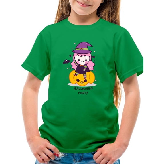 Cute Halloween Girl W Pumpkin. T-Shirt Juniors -Image by Shutterstock, Small