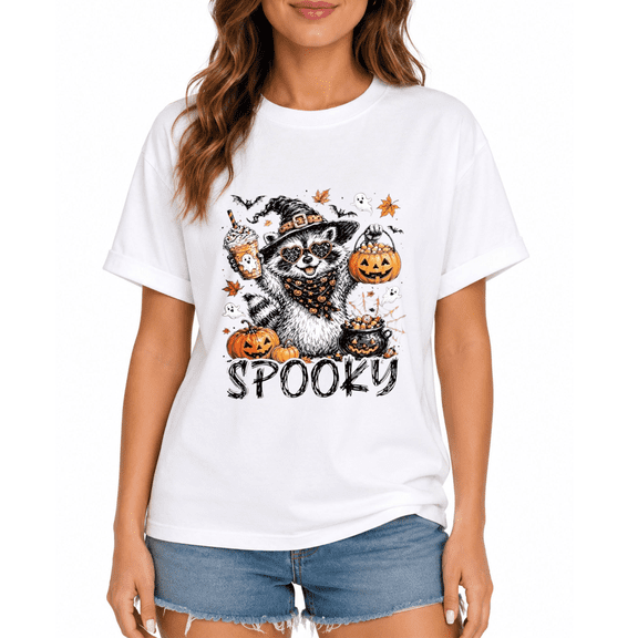 Cute Halloween Graphic, Women's T-Shirt, Spooky Raccoon Witch Pumpkin Print, Autumn Festival Party Wear.