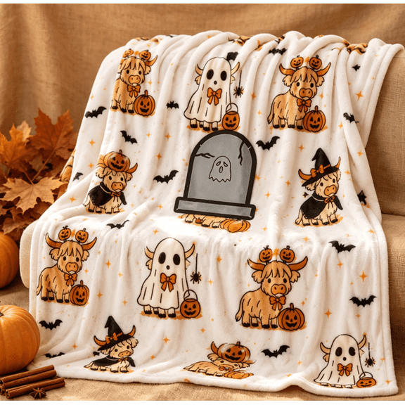Cute Halloween Highland Cow Ghost Plush Throw Blanket, Soft Fleece Cozy Decor for Couch Bed, Bat & Ghost Lightweight Snuggle Blanket (1PC)