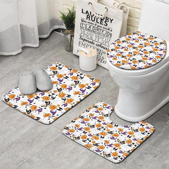 Cute Halloween Icons Repeat Pattern Bathroom Rugs Sets 3 Piece,Toilet Cover Set,Absorbent Non Slip Bathroom Mats Sets with U-Shaped Contour Rug Toilet Rug Set