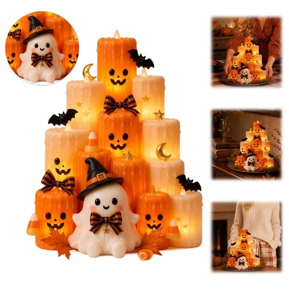 Cute Halloween LED Pumpkin Ghost Flameless Candles, Battery Powered Fall Tiered Candle Table Centerpiece with Maple Bat Moon Decor, Halloween Indoor Party Desktop Decoration Gift for Family Friends