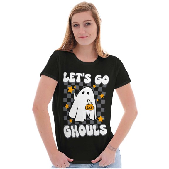Cute Halloween Let's Go Ghouls Ghost Womens Slim Fit Graphic Tee Brisco Brands M