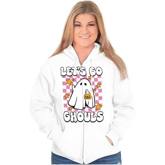 Cute Halloween Let's Go Ghouls Ghost Zip Hoodie Sweatshirt Women Brisco Brands X
