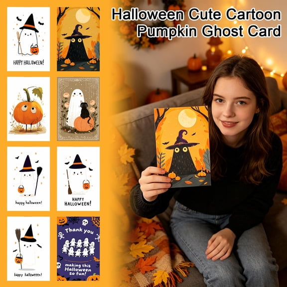 Cute Halloween Note Card Set, Halloween Ghost Decor, Cute Halloween Decor, Halloween Witch, Jack O Lantern Decor, Blank Inside Cartoon Greeting Card with Matching Halloween