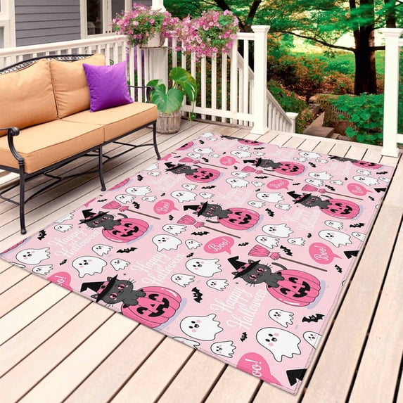 Cute Halloween Outdoor Rug for Patio/Deck/Porch, Non-Slip Large Area Rug 5 x 8 Ft, Spooky Pumpkins Fall Bat Cat Witch's Hat Indoor Outdoor Rugs Washable Area Rugs, Camping Rug Carpet Runner