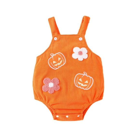 Cute Halloween Overalls for Baby Boys Girls Sleeveless Floral Pumpkin Embroidered Corduroy Romper Festival Outfits, Orange, 6 Months