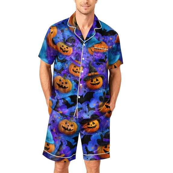 Cute Halloween Pajamas for Men Halloween Pajamas Men Matching Halloween Pajamas Pumpkin Pajamas Men Halloween Pjs Halloween Pajamas Men Casual Short Sleeve Button Down Tops Shorts, Purple, XL