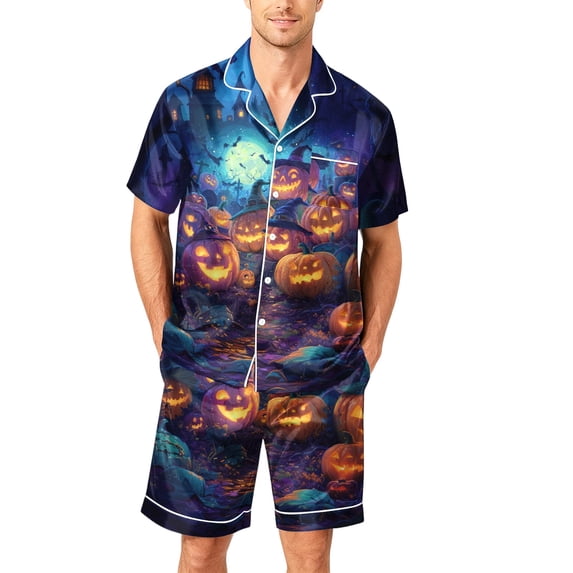Cute Halloween Pajamas for Men Halloween Pajamas Men Matching Halloween Pajamas Pumpkin Pajamas Men Halloween Pjs Halloween Pajamas Men Casual Short Sleeve Button Down Tops Shorts, Green, XL