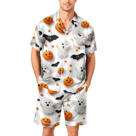 Cute Halloween Pajamas for Men Halloween Pajamas Men Matching Halloween Pajamas Pumpkin Pajamas Men Halloween Pjs Halloween Pajamas Men Casual Short Sleeve Button Down Tops Shorts, White, M
