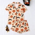 thumbnail image 1 of Cute Halloween Pajamas for Women Satin Raglan Stretch Bat Print Halloween Pj Loungewear Button Down Short Sleeve Sleepwear Set, 1 of 8