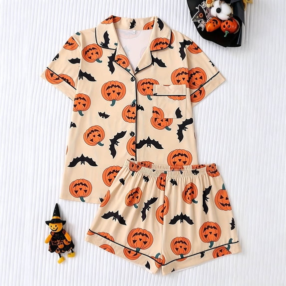 Cute Halloween Pajamas for Women Satin Raglan Stretch Bat Print Halloween Pj Loungewear Button Down Short Sleeve Sleepwear Set