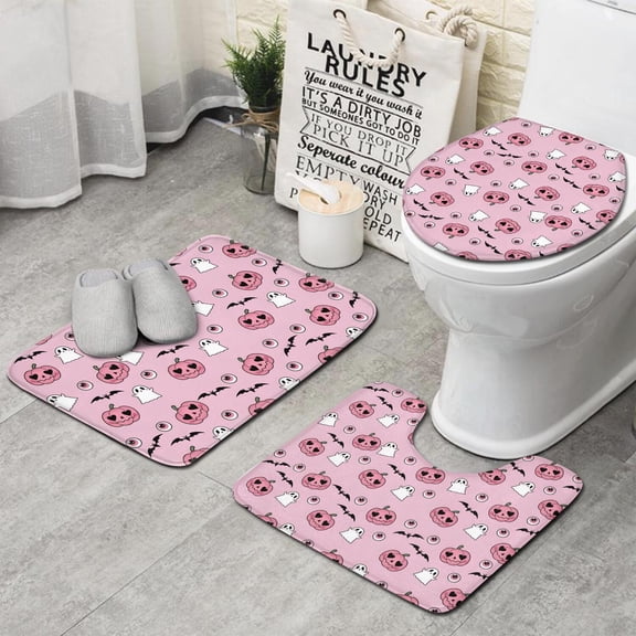Cute Halloween Pattern Bathroom Rugs Sets 3 Piece,Toilet Cover Set,Absorbent Non Slip Bathroom Mats Sets with U-Shaped Contour Rug Toilet Rug Set