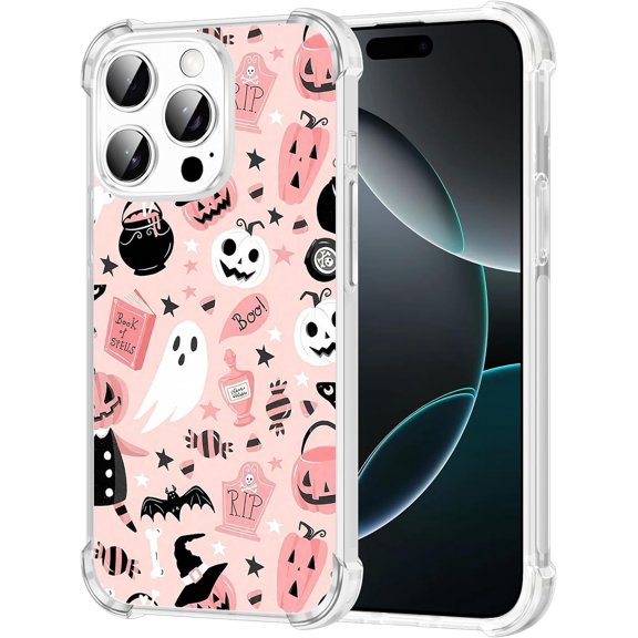 Cute Halloween Phone Case for iPhone 16 Pro Max Case 6.9", Aesthetic Ghost Pumpkin Candy Pattern Print Design Clear Cover Soft Slim Four Corners Shockproof Protective Funda for Women Girls