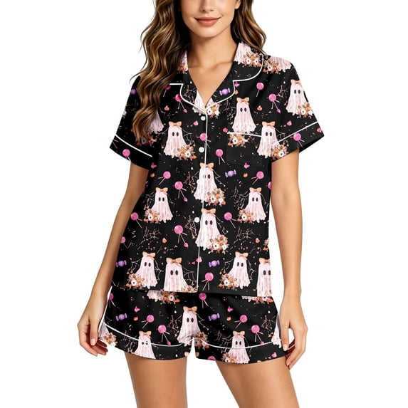 Cute Halloween Pjs Set for Women Lovely Ghost Pumpkin Printed Collar Short Sleeve Shirt With Elastic Shorts Smooth Milk Silk 2 Piece Set Halloween Party Loungewear Gift