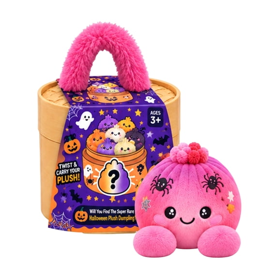 Cute Halloween Plush Dumpling Toy, Mystery Stuffed Animal Blind Box in Twist and Carry Container, Kawaii Spooky Season Decorative Plushie