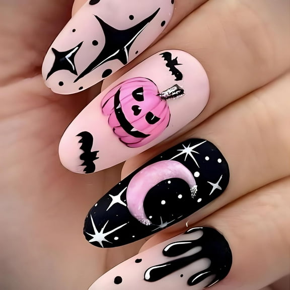Cute Halloween Press on Nails Medium Almond Shape Fake Nails Orange Pumpkin Glue on Nails Halloween False Nail Tips with Stars and Flowers Almond Halloween Stick on Nails for Women, 24Pcs color3