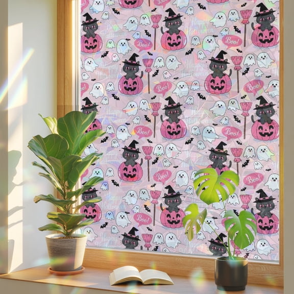 Cute Halloween Privacy Window Film, Decorative Stained Glass Window Film, Spooky Pumpkins Fall Bat Cat Witch's Hat Resuable Rainbow Static Cling for Home Bathroom Living Room Glass Door 23.6"x59"