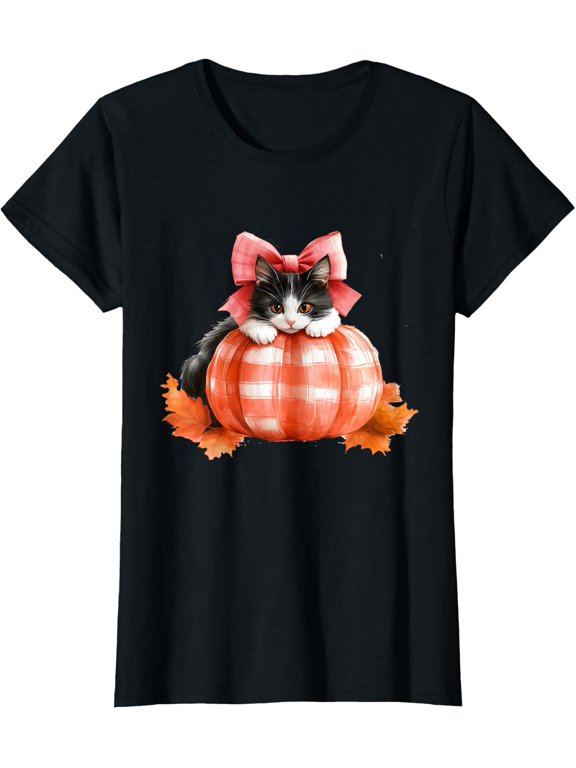 Cute Halloween Pumpkin Cat Fall Plaid Thanksgiving Girl T-Shirt