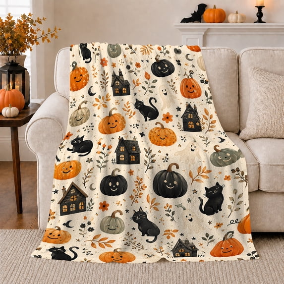 Cute Halloween Pumpkin Cat and Ghost Flannel Blanket, Soft Cozy Autumn Home Decor for Living Room and Bedroom, Halloween Gift with Haunted Houses Leaves Flowers and Moons